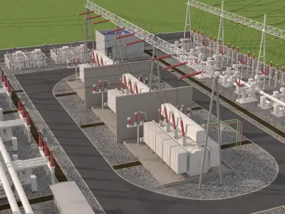 Electrical power substation low-poly 3D model