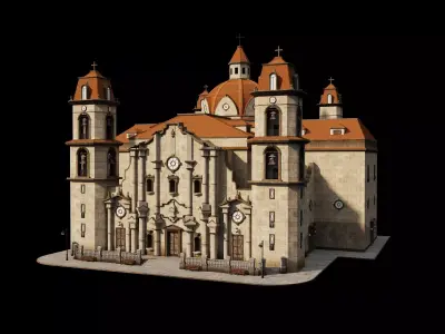 Colonial Church Twin Bell Towers Dome Orange Roof Baroque Low-poly 3D model