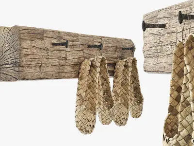 Aged Bast Shoes Hanging on Old Timber 3D model