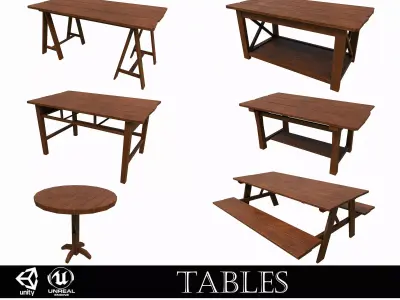 Pack of 6 Medieval Wooden Tables Low-poly 3D model