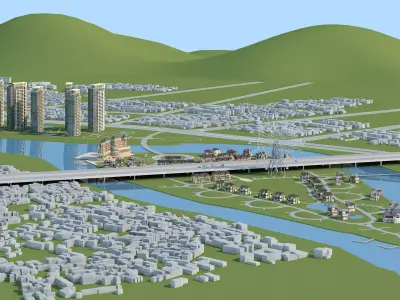 Architecture city with buildings and river 3D model purchase