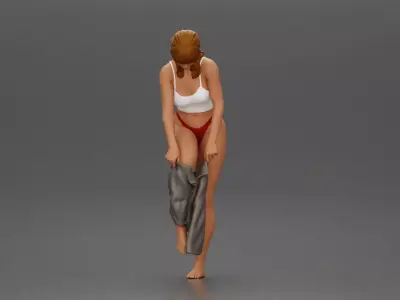 Woman in white top carefully wearing grey pants with balance 3D print model