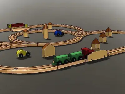 Railroad with train and houses 3D print model