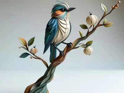 Stylized Bird on Branch Sculpture Low-poly 3D model