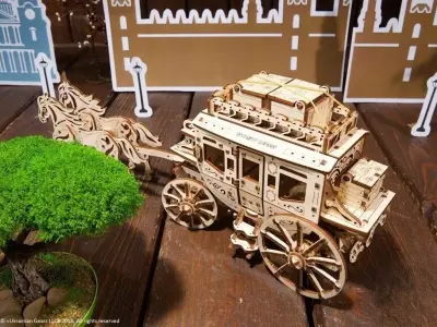 Horse-drawn Stagecoach - 3D DIY Wooden Mechanical Puzzle Model 3D model