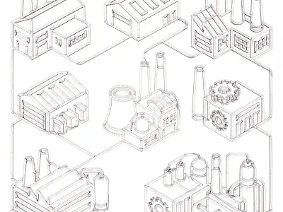 Industrial Buildings Line Art Set 3D print model
