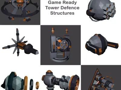 8x Low-Poly Tower Defence Models and Base - Game ready Low-poly 3D model