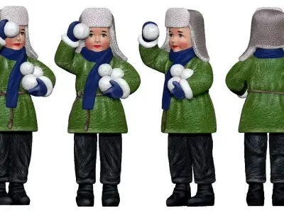 001349 boy in green winter jacket and with snowballs 3D model