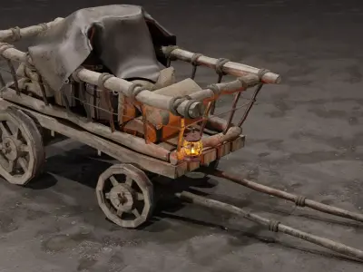 Stylized medieval cart with a lamp and a load Low-poly 3D model