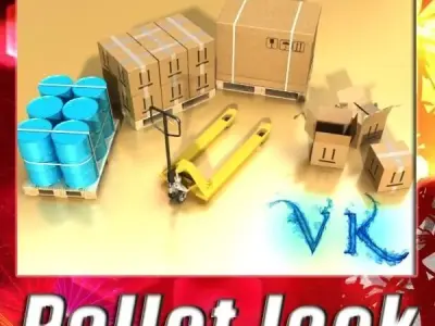 Pallet Jack with Cartons and Metal Drums 3D model