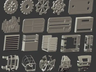 110 Low poly futuristic robot or weapon parts kitbash IMM brush 3D model