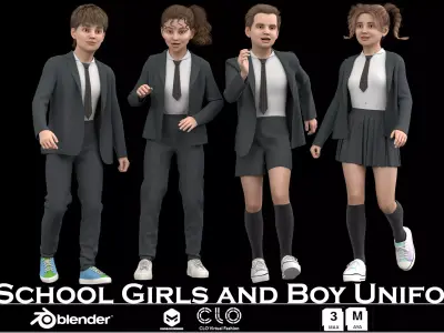 School Girls and Boy Uniform Low-poly 3D model