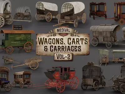 Medieval Wagons Carts Carriages Vol-2 - Horse Ox Drawn Transport Low-poly 3D model