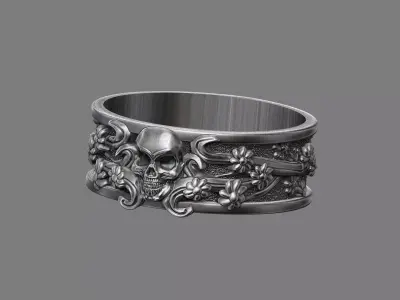 Gothic floral skull band ring  3D print model