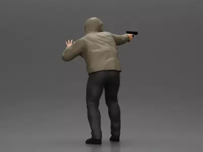 Man in hoodie pointing gun while raising hand in defensive 3D print model