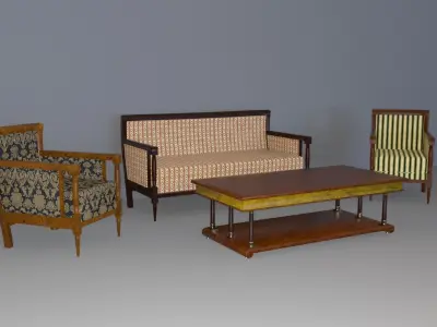 19th Sofa Armchair and Coffee Table Biedermeier Style for Daz Low-poly 3D model