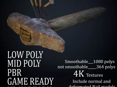 OLD HAMMER WITH NAILS Low-poly 3D model