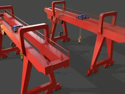 PBR Double Girder Gantry Crane V2 - Red Low-poly 3D model