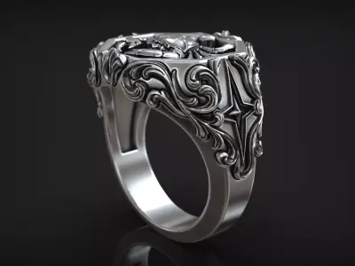 Horoscope Cancer Zodiac Sign Ring Antique Relief Signet 3D print model