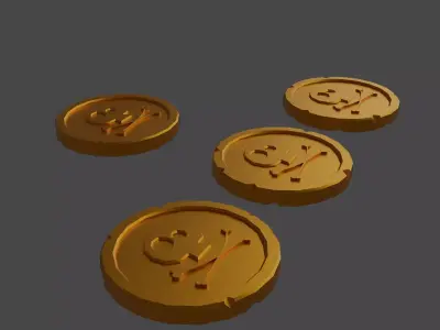 Golden Coins Set with Pirate Sign as Skull and Bones Low-poly 3D model