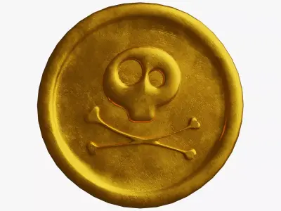 Golden Coin with Pirate Sign as Skull and Bones Low-poly 3D model
