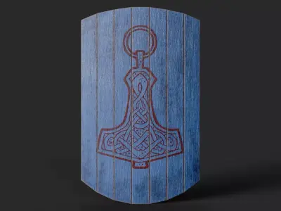 Slavic square wooden shield-painted blue with  Thor symbol Low-poly 3D model