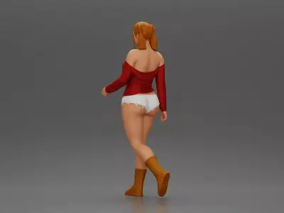 woman walking with purpose wearing top white shorts brown boots 3D print model