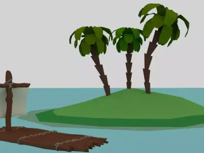 Wooden Raft with island Low-poly 3D model