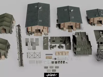 Military Base Kitbash set with over 50 Buildings and Assets 3D model