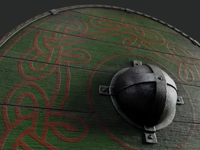 Slavic round wooden shield-painted green with red nordic symbol Low-poly 3D model