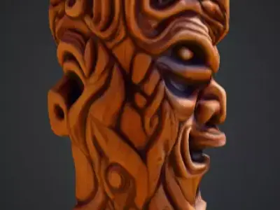 Twisted Wooden Totem with Grotesque Abstract Faces Low-poly 3D model