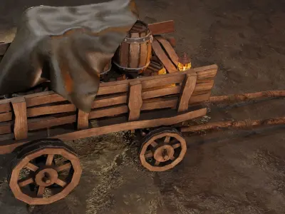 A stylized medieval cart with a lamp and barrels Low-poly 3D model