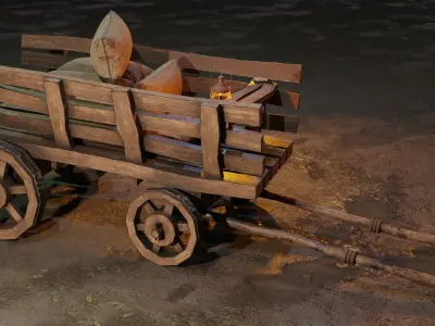 Stylized medieval cart with a lamp and bags Low-poly 3D model purchase