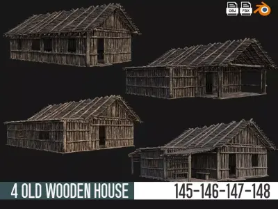 4 Old Wooden Houses Pack 4K Textures GameReady 145 to 148 Low-poly 3D model