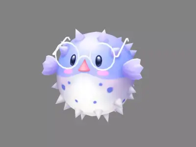 Cartoon purple pufferfish with glasses Low-poly 3D model
