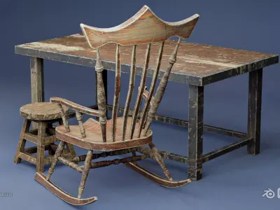 Old Chair-Old Stool and Old Table Free low-poly 3D model