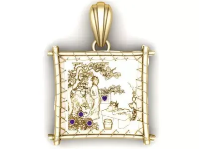 Gold Antique-Inspired Pendant with Floral and Blue Accents 3D print model