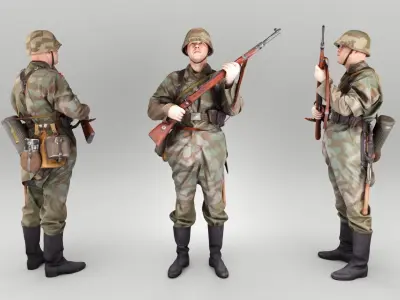 German Wehrmacht soldier with gun 436 Low-poly 3D model