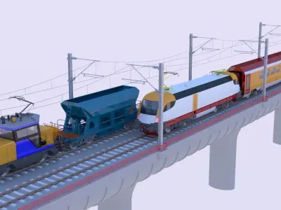 Bridge with passenger and cargo trains 3D model