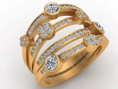 4 Row Fashion Diamond Gold Ring 3D print model