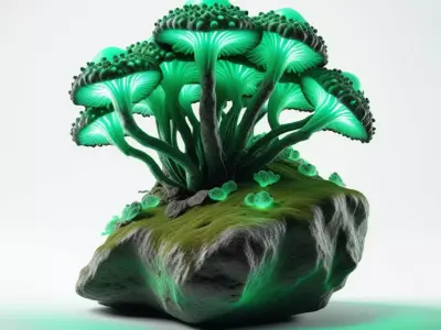 Bioluminescent Fantasy Mushroom Rock Cluster 3D model