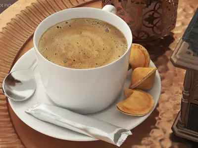 Hot Coffee Cup with Chocolate Stick and Cookies 3D model