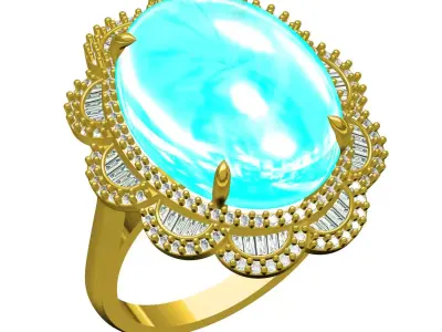 Antique Aquamarine Cabochon Cathedral Engagement Ring 3D print model