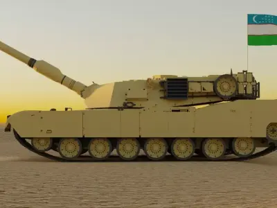 Abrams tank in desert with flag Low-poly 3D model