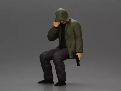 Man in hooded jacket sits alone holding gun feeling troubled 3D print model
