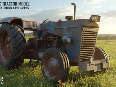 Realistic Old Tractor 3D Model Low-poly 3D model