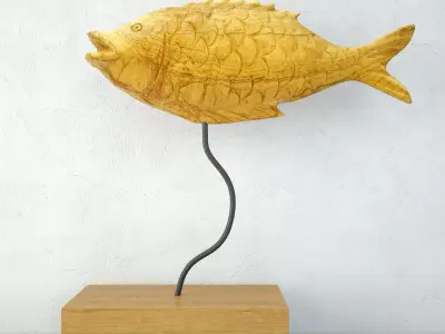 Carved Teak Fish with Base 3D model