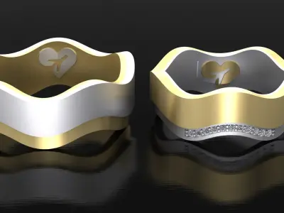 Couple wedding rings with diamonds and planes inside 3D print model
