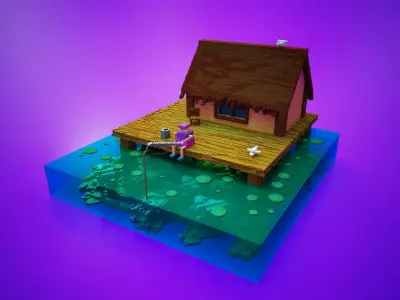 fishing and wooden cabin voxel art 3D model