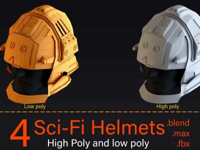 4 Sci-Fi Helmets-High poly and Low poly 3D model